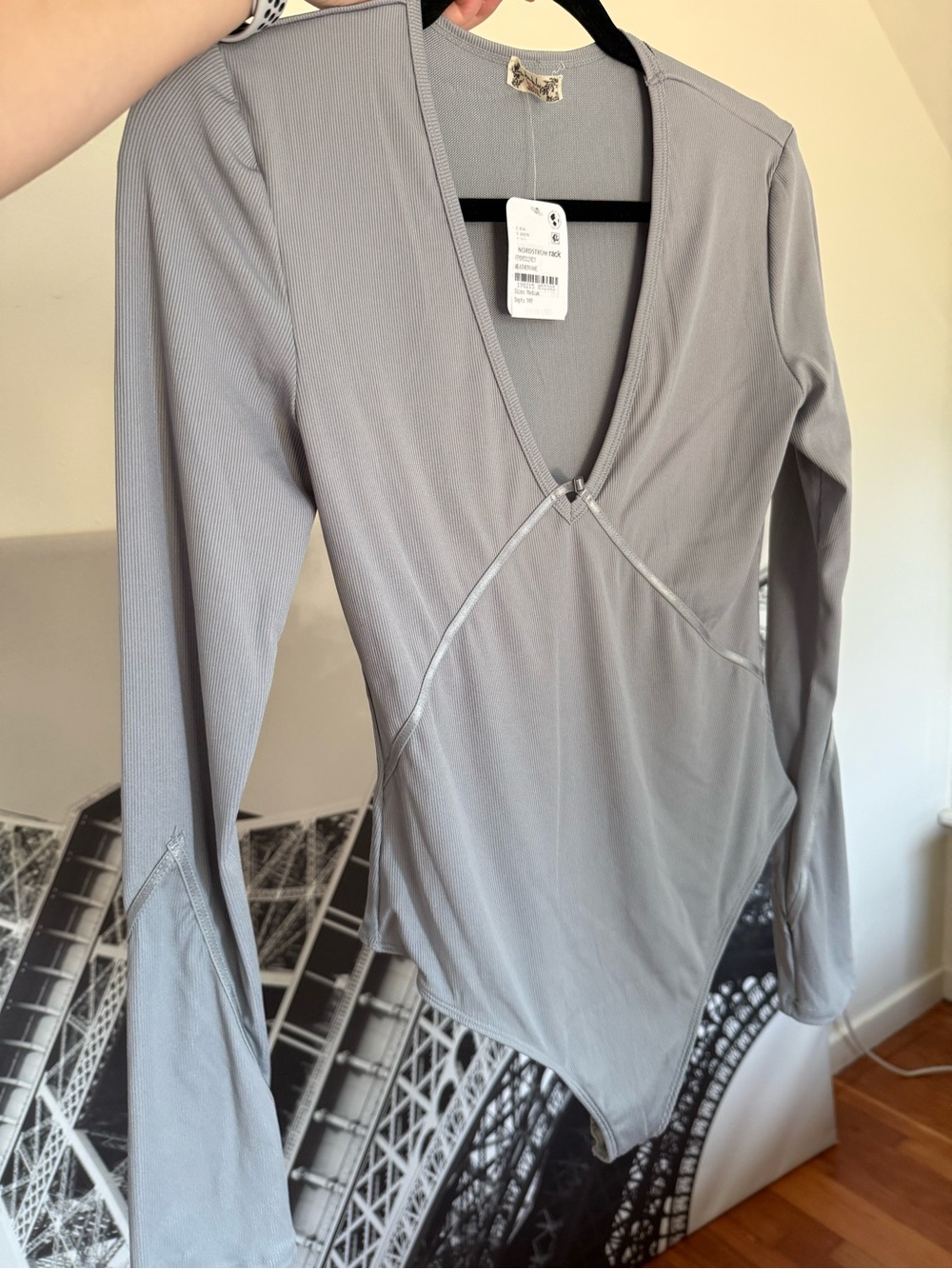 Nordstrom Light Gray Long-Sleeve V-Neck Bodysuit